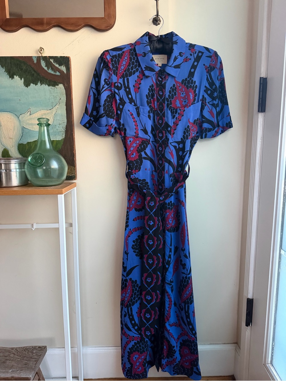 Sézane Clémence Dress Blue Red Ochre Floral Midi Shirt Dress Size 34